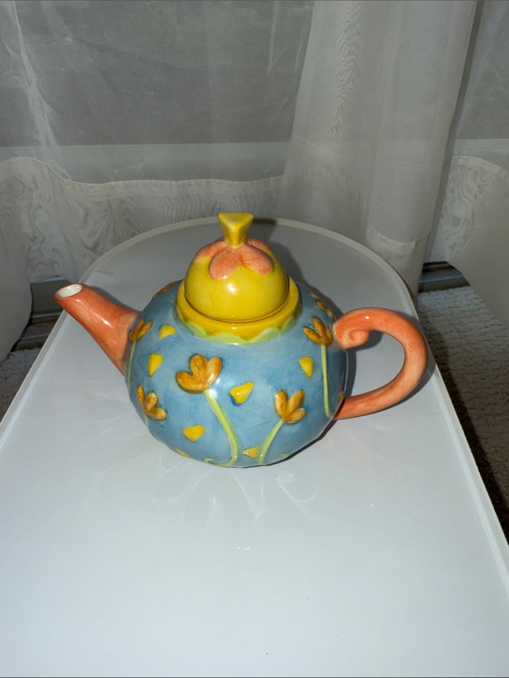 Oneida Country  Bouquet Blue Floral Ceramic Teapot w/ Yellow Lid/ Orange Handle